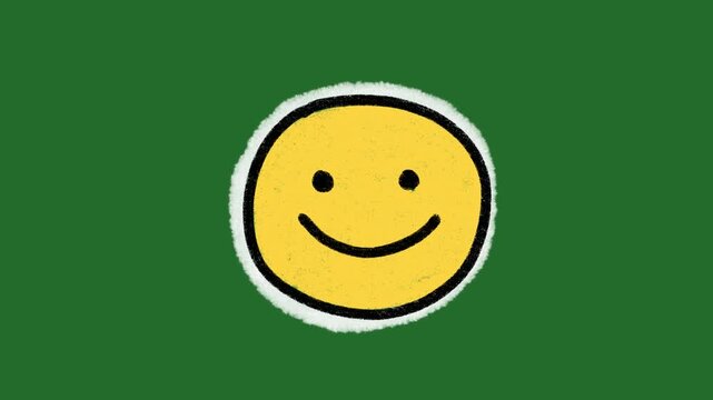 Hand-Drawn Happy Smile Face Emoji Animation | Classic 2D Hand-Drawn Emoji Motion Graphic | Simple Yellow Smiley Character on Green Screen