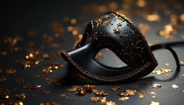 Black ornate masquerade mask rests on dark surface with scattered gold confetti. Face covering with decorative patterns. Mysterious elegant accessory for parties, carnivals, and events.