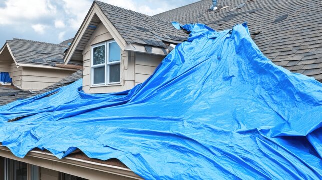 Blue Tarp Covering Damaged House Roof Temporarily