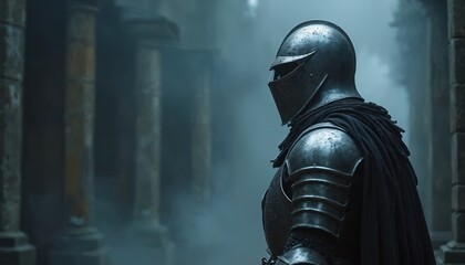 Naklejka premium Mysterious armored figure stands in misty ruins. Warrior in dark armor with helmet, cloak. Figure appears from fog on stone columns. Cinematic dark fantasy.