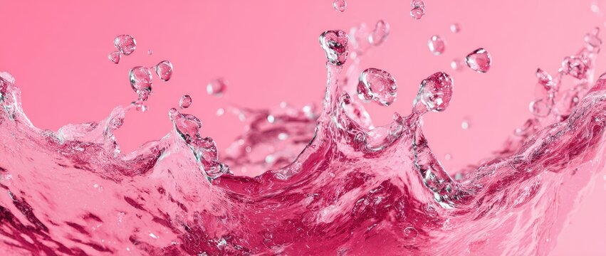 Dynamic Pink Liquid Splash with Bubbles and Droplets.