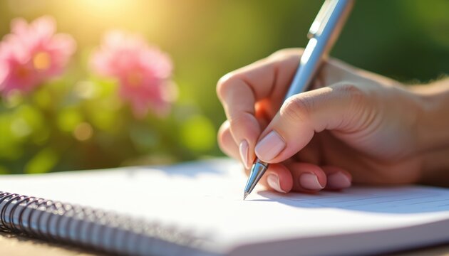 Woman writes with pen in notebook outdoor. Blurred flowers, green leaves and sunlight create peaceful scene. Focus on hand and writing activity. Planning or note taking.