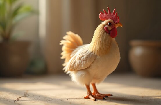 Small bantam chicken stands proudly indoors on floor. Light golden fowl displays red comb and wattle. Domesticated bird has fluffy feathers and orange legs. Backyard poultry.
