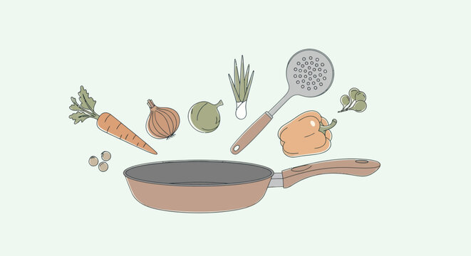 Copper frying pan with kitchen tools.