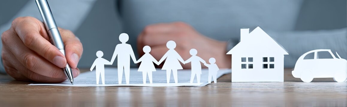 Family Protection and Security Concept with Paper Cutouts and Signature.