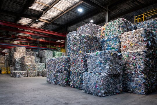 Large Bales of Recycled Materials Stacked High in a Warehouse.