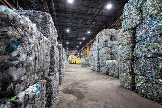 Large Warehouse Filled With Bales of Recycled Plastic Bottles Ready for Processing.
