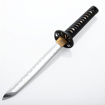 Elegant wakizashi short sword featuring a black handle and decorative tsuba reflecting traditional Japanese craftsmanship against a white backdrop