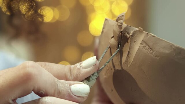 Close view of hand carving clay bowl with tool. Person shaping edge and refining surface. Removing excess material and smoothing form. Working on ceramic piece in workshop. Hobby concept.