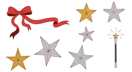 Obraz premium Collection of festive holiday design elements with stars, ribbon, and a magic wand.