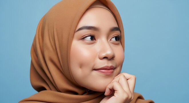 A young Muslim woman wearing a brown hijab smiles gently, her hand resting on her chin, against a plain blue background.