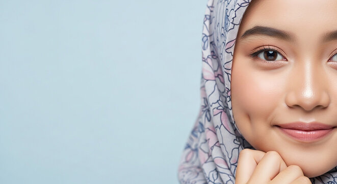 Close-up portrait of a beautiful young Asian Muslim woman wearing a patterned hijab, smiling gently with a dimple on her cheek, against a light blue background.
