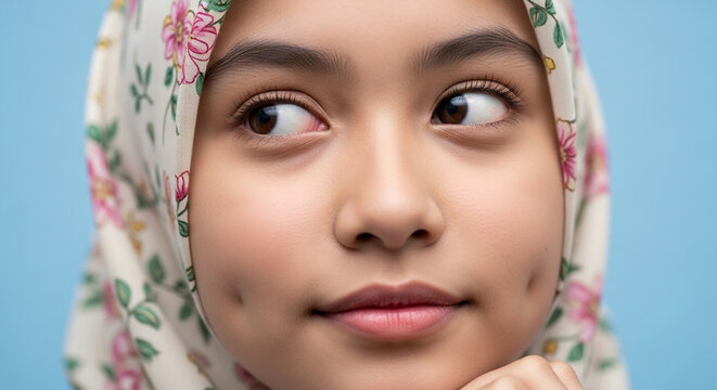 A young woman wearing a floral hijab looks to the side with a gentle smile and dimples visible on her cheeks.