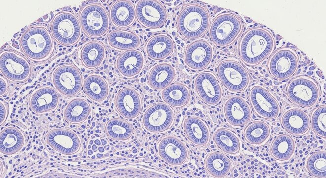 Magnified histological cross-section displaying the orderly cellular arrangement and glandular morphology of healthy tissue, vital for medical diagnostics and biological research and education