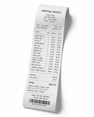Fototapeta premium Long shopping receipt isolated on a clean white background with soft studio lighting. Financial concept showing expenses, inflation and cost of living. Minimal commercial composition with copy space.