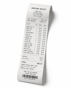 Long shopping receipt isolated on a clean white background with soft studio lighting. Financial concept showing expenses, inflation and cost of living. Minimal commercial composition with copy space.