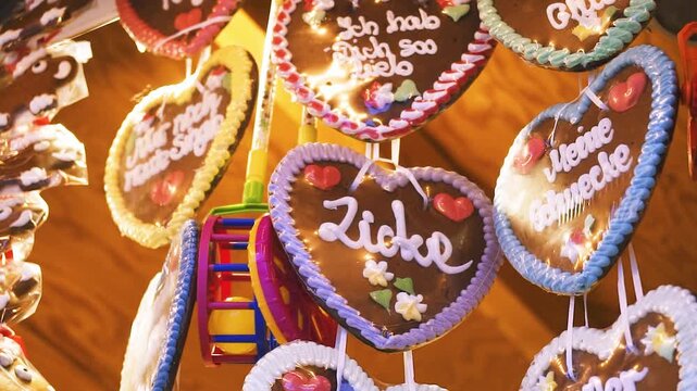 Viele Lebkuchenherzen mit Zuckerschrift und S&uuml;&szlig;igkeiten auf einem Weihnachtsmarkt in Deutschland, festliche Dekoration und traditionelle winterliche S&uuml;&szlig;waren