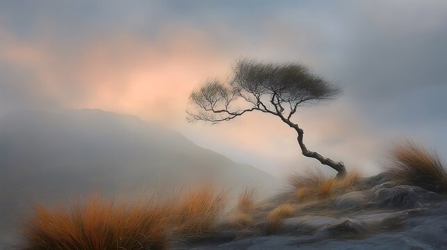 Lone windswept tree on a rocky outcrop with misty orange and grey sky lone tree orange sky photo