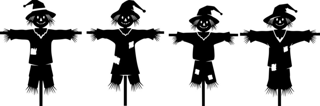 A set of four black scarecrow silhouettes on a white background
