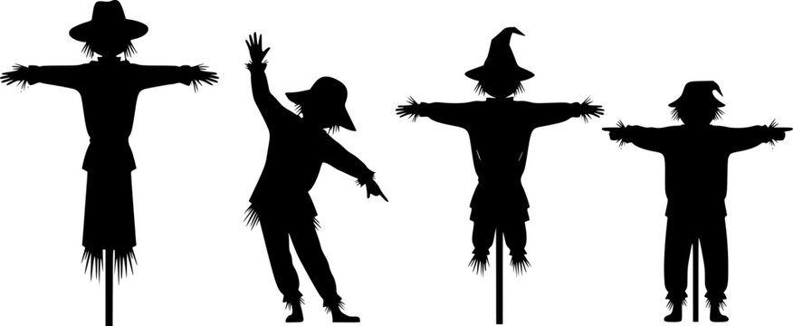 A set of four black scarecrow silhouettes on a white background
