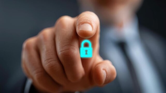 Digital Lock: A close-up of a hand pointing towards a glowing padlock, symbolizing digital security and data protection.