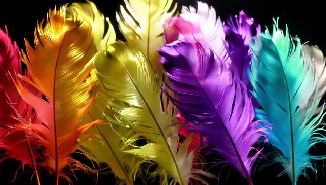 Vibrant Colorful Feathers Display on Black Background