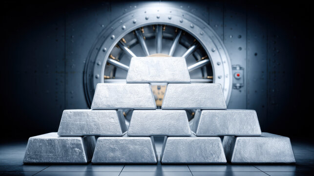 Gleaming Silver Bullion Bars Stacked Inside a Vault