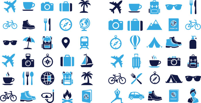 Technical icons and symbols in blue and dark blue for futuristic concepts.