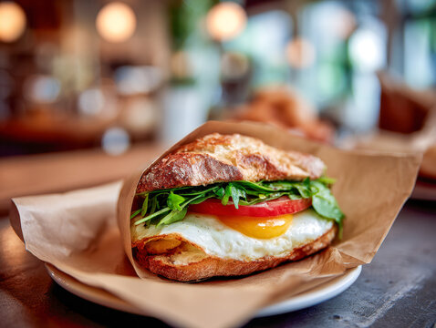 Fresh sandwich with fried egg, ripe tomato slices, and leafy greens on crusty artisan bread wrapped in brown paper on a white plate in cozy cafe ambiance