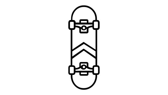 Skateboard Line Icon Vector Illustration, Minimalist Black and White Design Showing Bottom View with Trucks and Wheels, Scalable Flat Graphic for Extreme Sports, Urban Lifestyle, and Skateboarding.