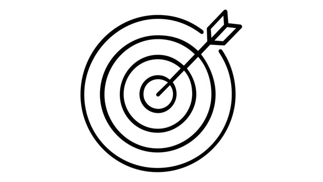 Minimalist black and white vector icon illustration of a target bullseye with an arrow hitting the center, representing success, goals, achievement, accuracy, precision, and business strategy.