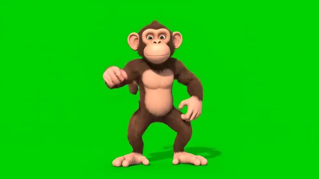 Playful animated monkey character dancing on a vibrant green screen, perfect for creative digital projects and engaging video content needing a fun, expressive animal subject