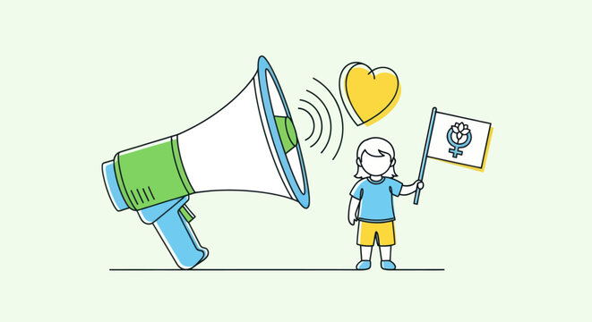 Child Holding Protest Sign and Megaphone.