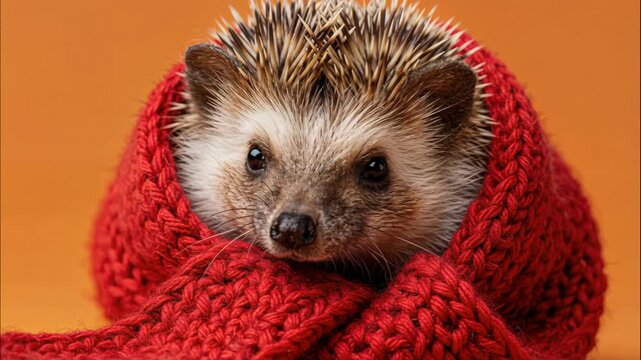 Cozy Hedgehog: A charming hedgehog, wrapped in a soft red knitted scarf, evokes a sense of comfort and warmth, perfect for seasonal designs. 