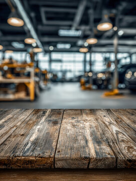 Rustic wooden table surface in a modern blurred workshop or industrial space with warm ambient lighting and large windows in the background