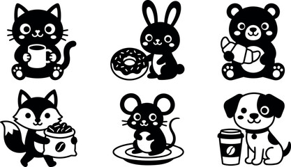Obraz premium Black and white cute cat bunny bear fox mouse and dog holding food and drinks vector art