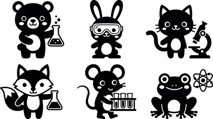 Obraz premium Black and white science animals bear rabbit cat fox mouse and frog with lab equipment