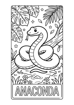 Cute anaconda snake in the jungle coloring page for kids educational activity.