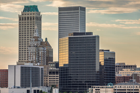 Buildings in downtown Tulsa at sunrise