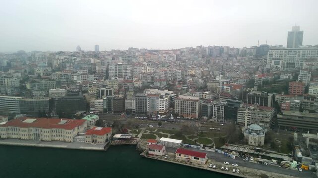 Istanbul/Turkey circa 2023: cityscape of the shore of Bosphorus strait