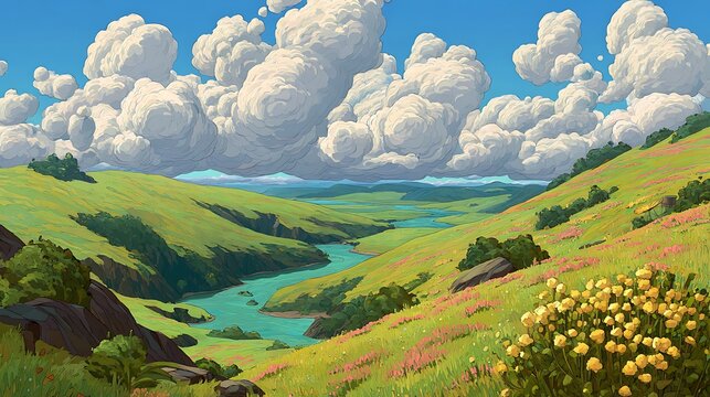 Lush green rolling hills and valleys with a winding river and blooming wildflowers Keywords: lush, green, rolling, hills,... photo