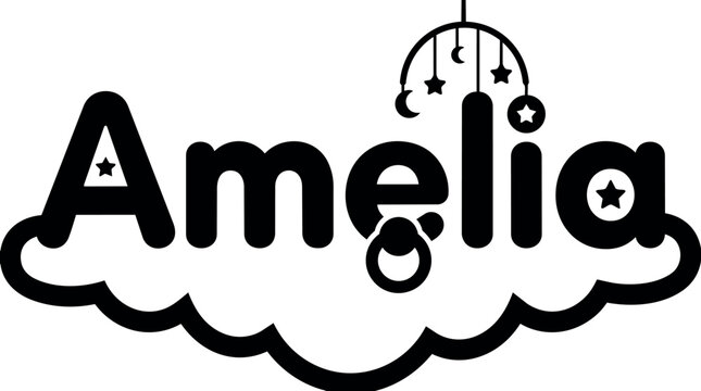 Black and white amelia lettering with cloud and hanging stars moon mobile vector art