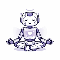 Fototapeta premium A meditating robot with a heart on its chest sits cross-legged in lotus position.
