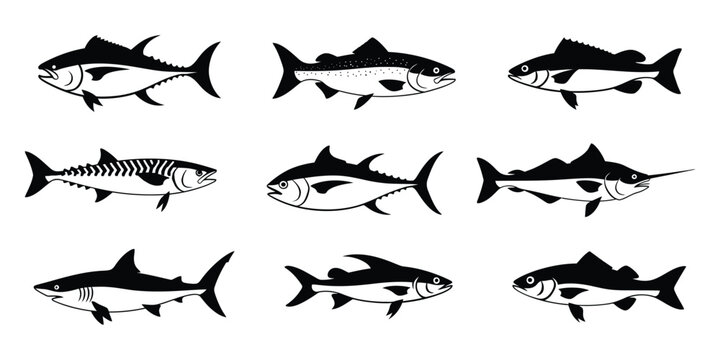 Nine black silhouette fish illustrations in a grid arrangement