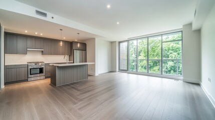 Fototapeta premium Spacious Open-Concept Apartment Living Dining Area With Large Windows