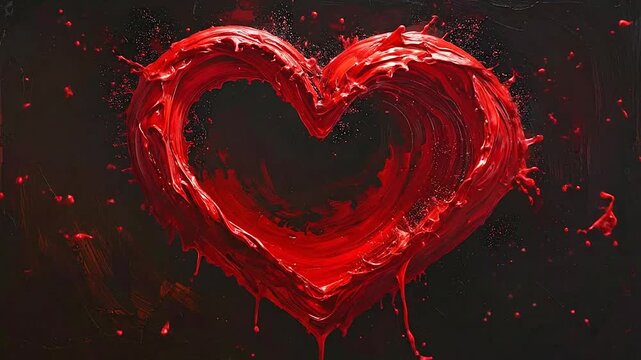 A vibrant red heart shape formed from liquid paint splashes