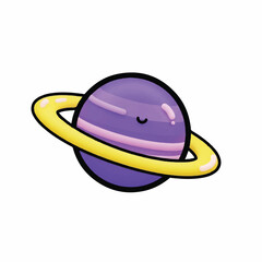 Fototapeta premium A cartoon purple planet with a yellow ring orbits smiling in space