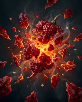 Trinidad Moruga Scorpion Pepper Explosion Unleashes Ridged Crimson Skin with Volcanic Fiery Intensity
