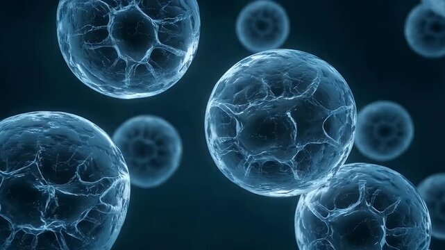 Microscopic View of Blue Human Cells or Bacteria Moving in Dark Fluid, Scientific Visualization of Organic Cellular Structures for Medical Research and Healthcare Biotechnology
