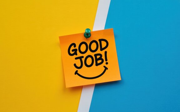 A motivational sticky note with 'GOOD JOB!' and a smiley face is pinned on a colorful background